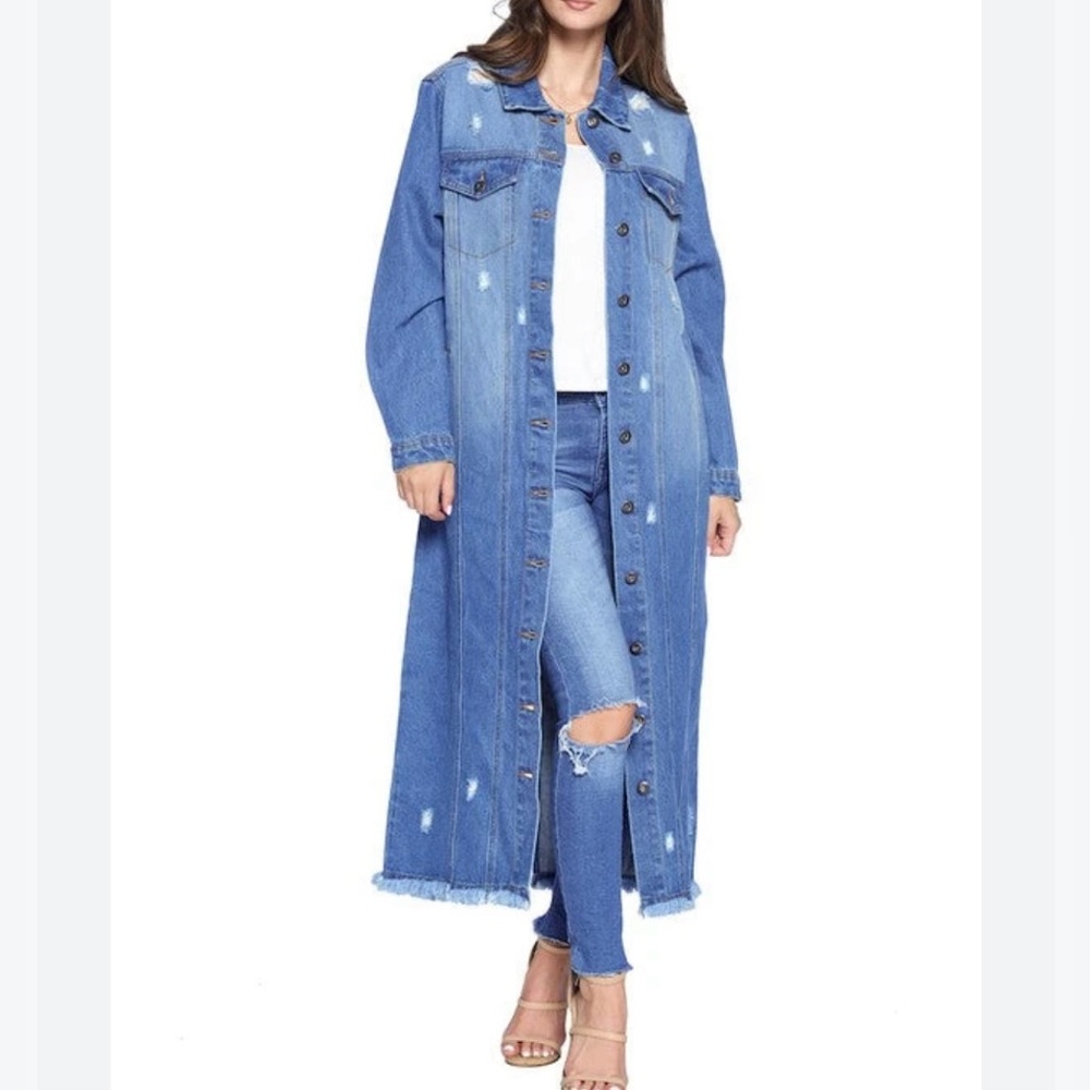 Blue Age- Blue Denim Chic trench coat with manufactured Distressing.Size Large
